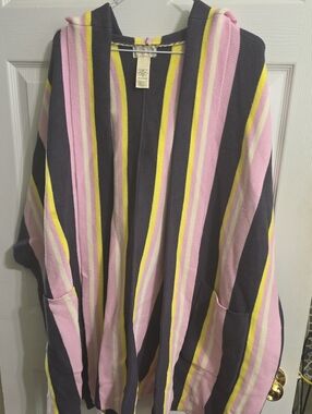Free People Striped Hooded Cardigan in Pink, Yellow & Black